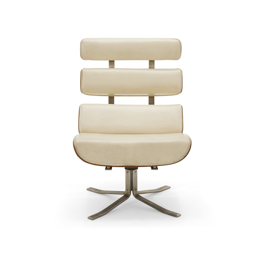 Cream Leather Rosewood Lounge Chair and Ottoman