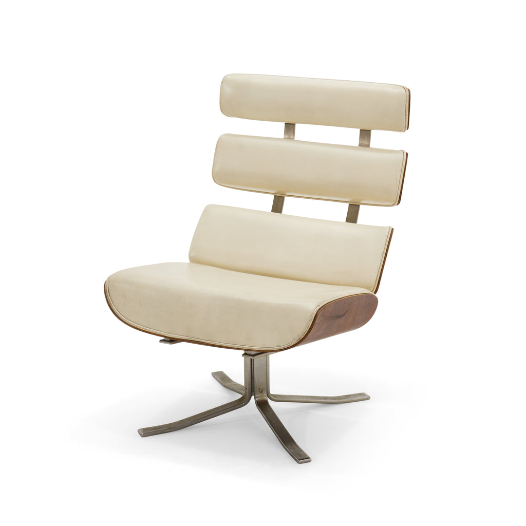 Cream Leather Rosewood Lounge Chair and Ottoman