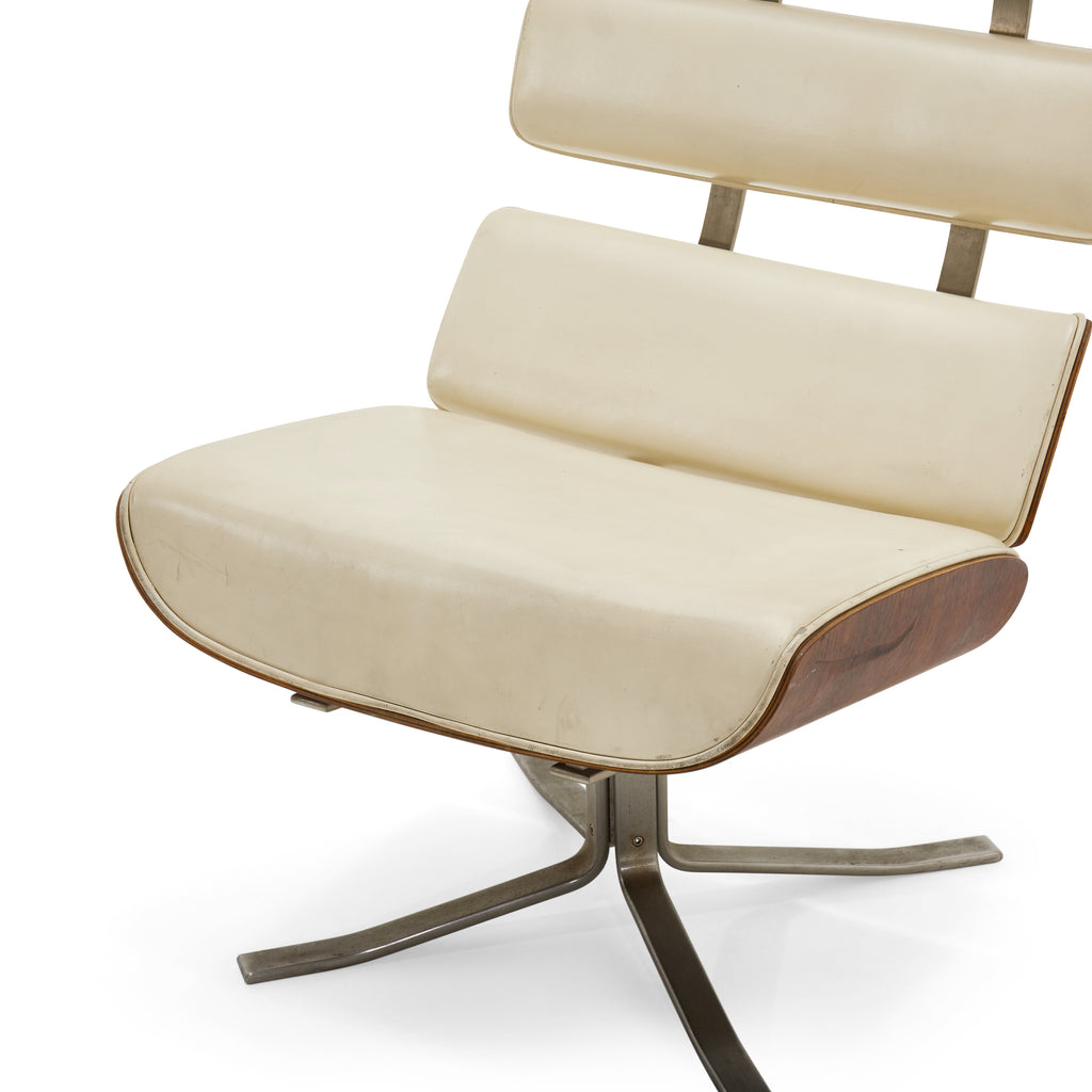 Cream Leather Rosewood Lounge Chair and Ottoman