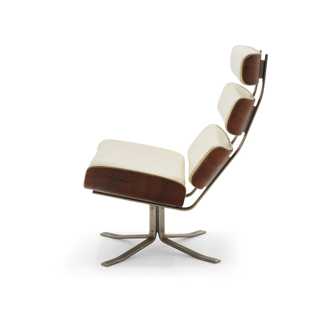 Cream Leather Rosewood Lounge Chair and Ottoman