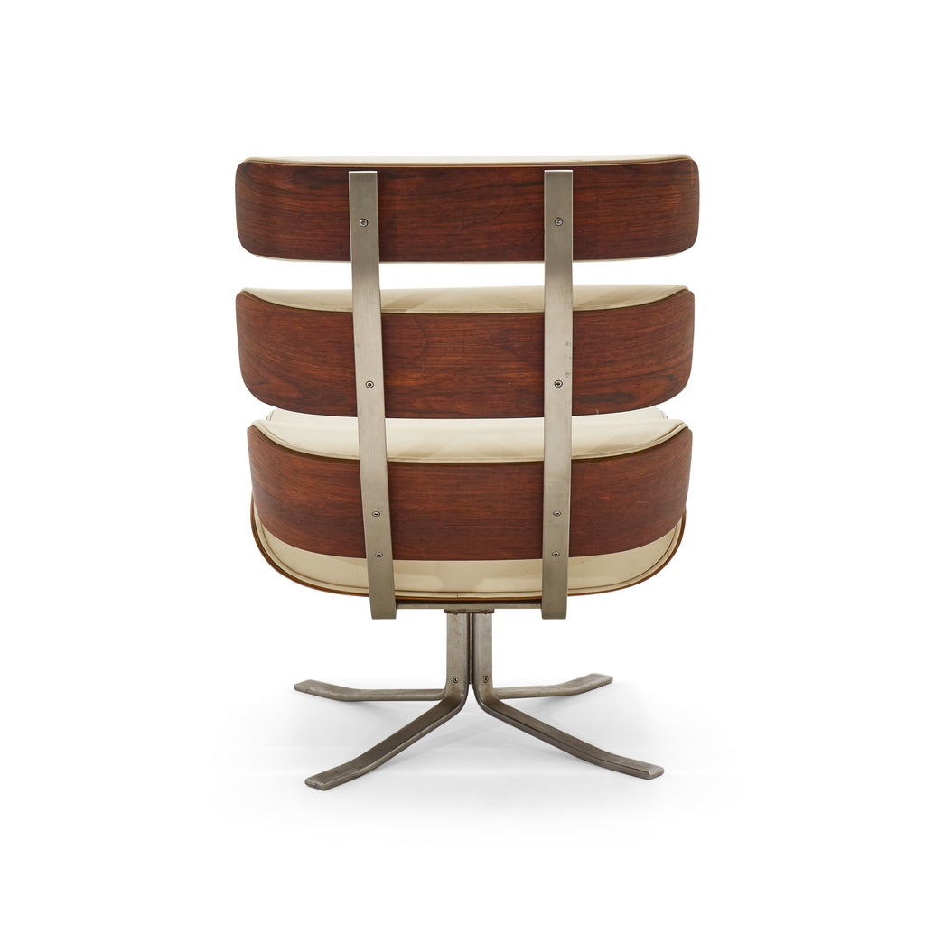 Cream Leather Rosewood Lounge Chair and Ottoman