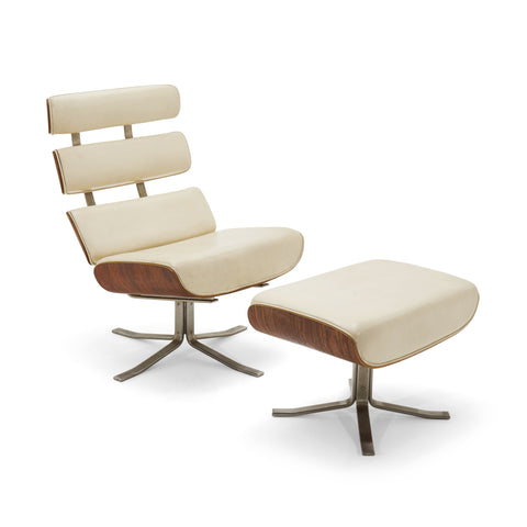 Cream Leather Rosewood Lounge Chair and Ottoman