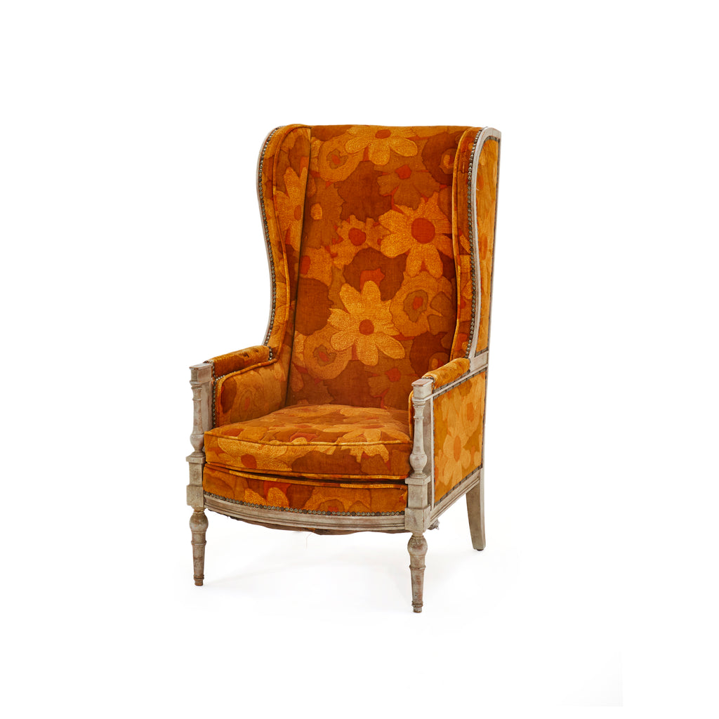 Orange Floral Vintage Wingback Chair