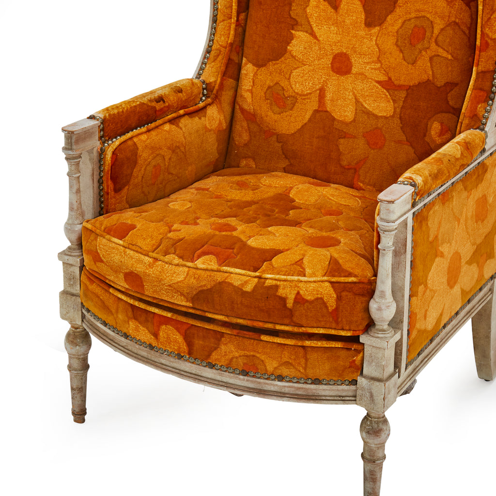 Orange Floral Vintage Wingback Chair