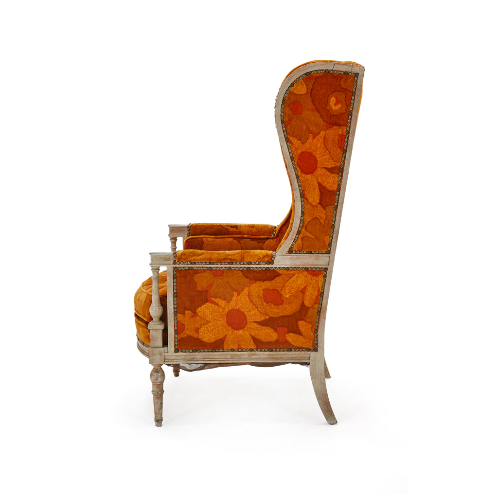 Orange Floral Vintage Wingback Chair
