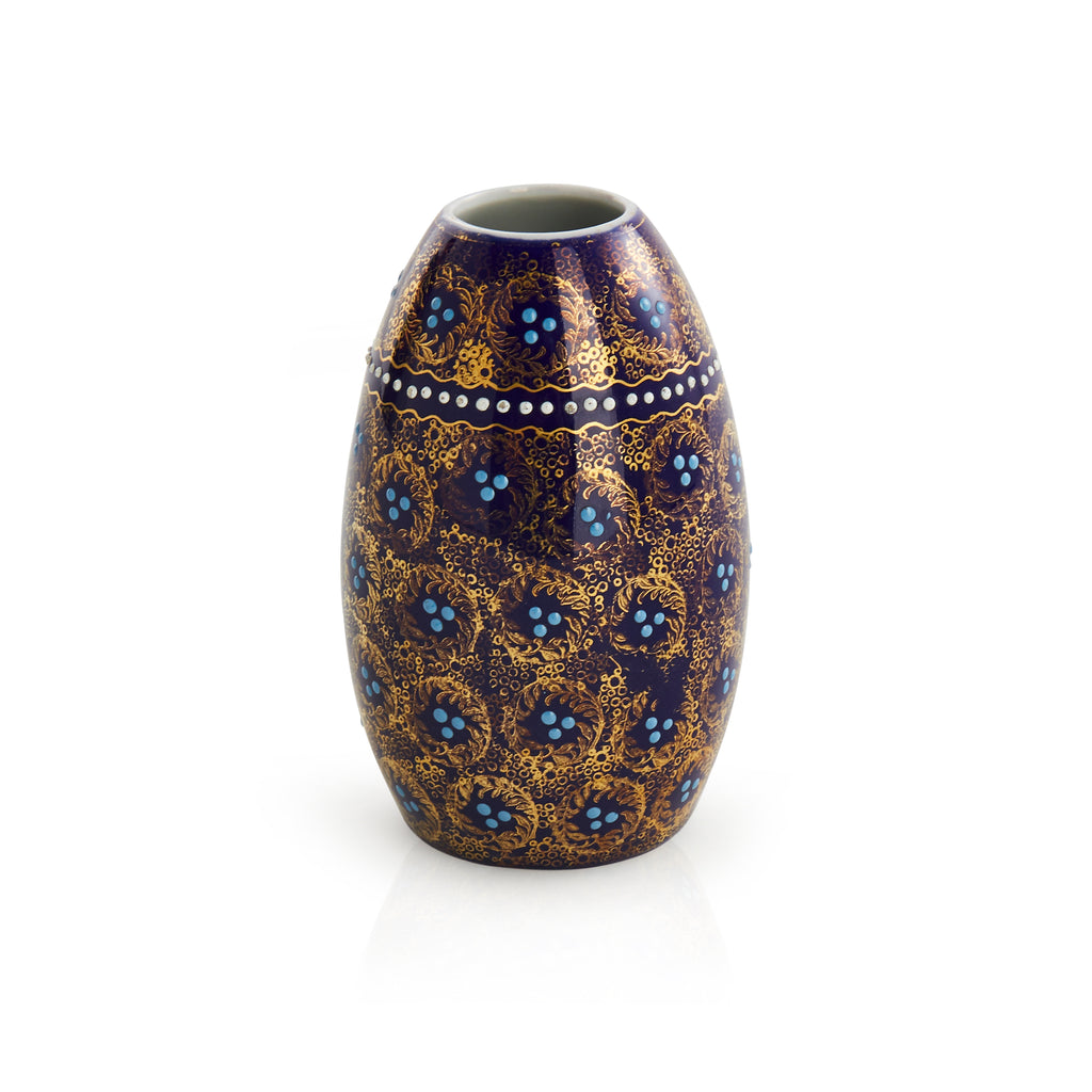Gold and Blue Egg Shaped Ceramic and Enamel Vase