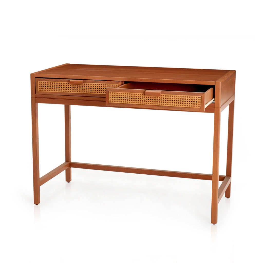 Stained Wood Desk With Rattan Drawers
