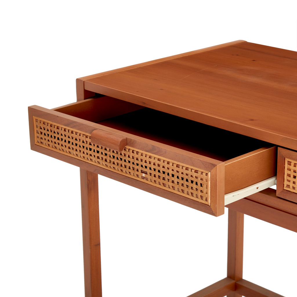 Stained Wood Desk With Rattan Drawers