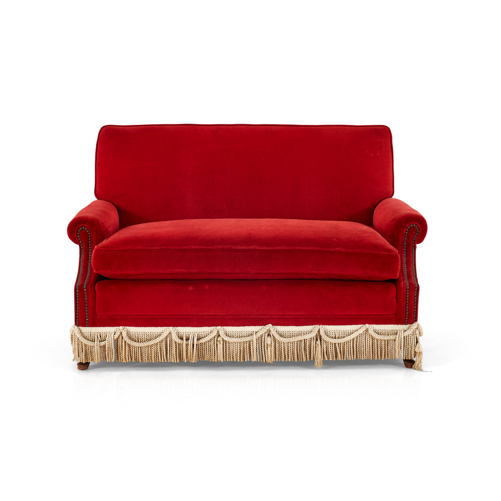 Red Velvet Loveseat with Tan Tassels