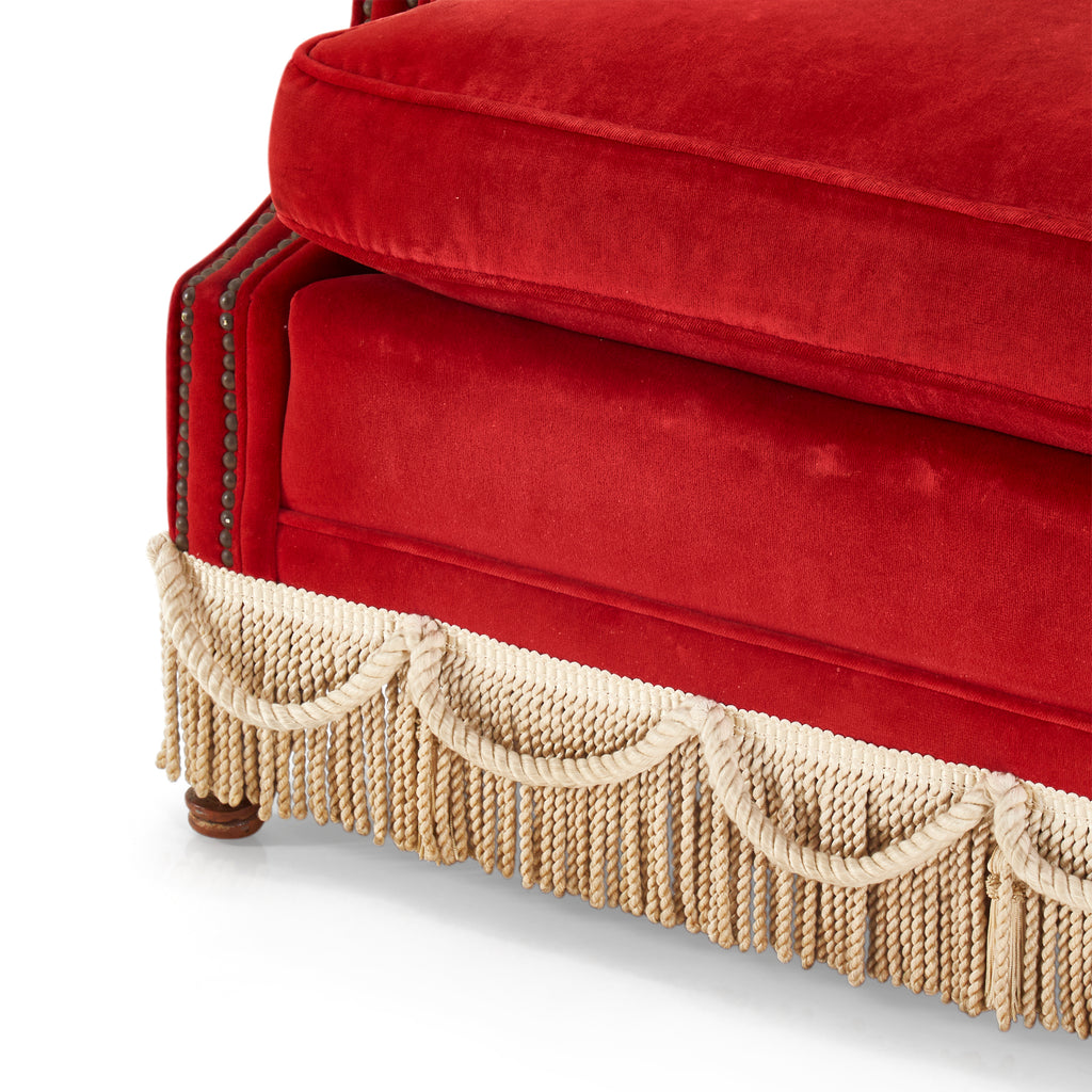 Red Velvet Loveseat with Tan Tassels