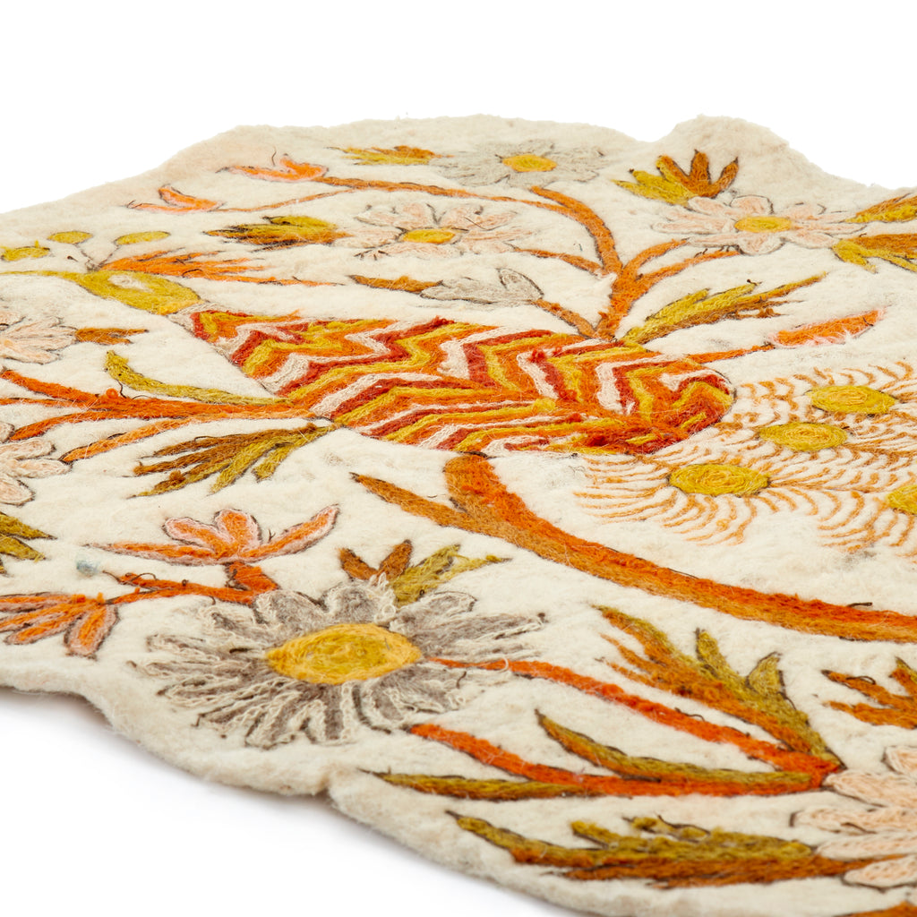 Orange Embroidered Tree & Peacock Rug