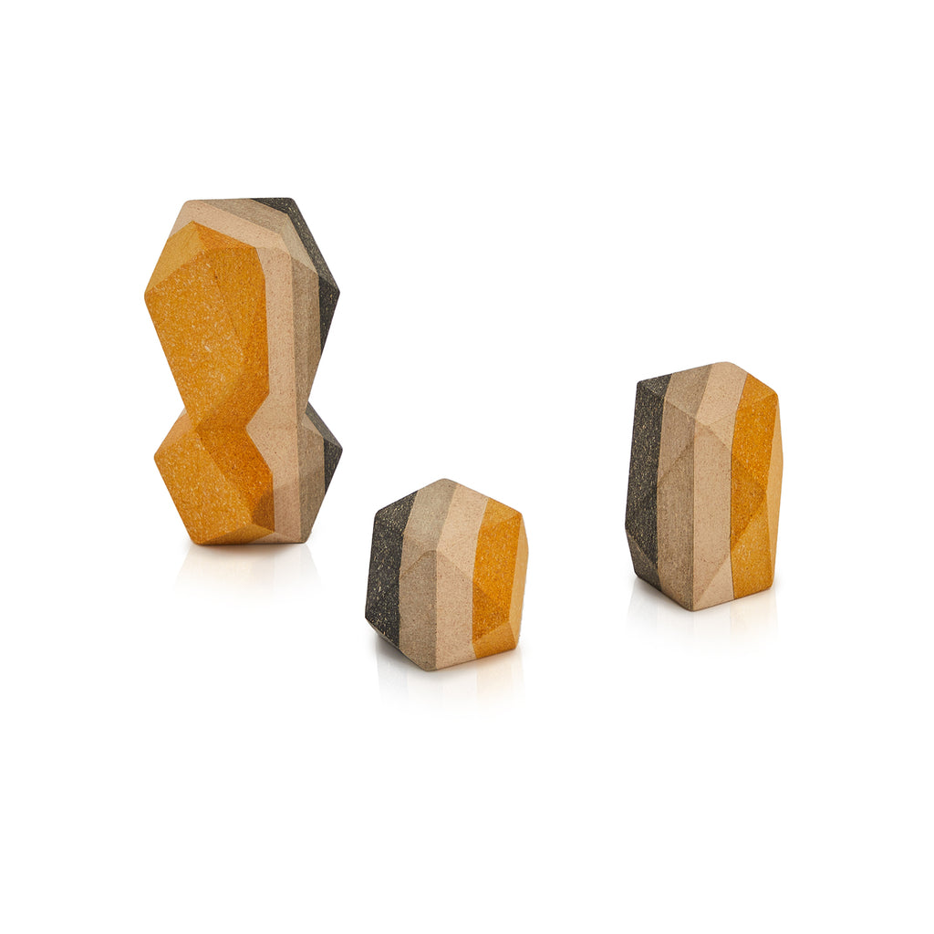 Yellow and Grey Striped Wood Polyhedron - Small (A+D)