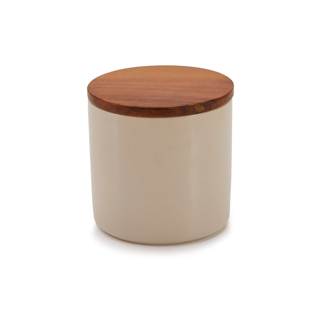 White Ceramic Jar with Wooden Lid Large