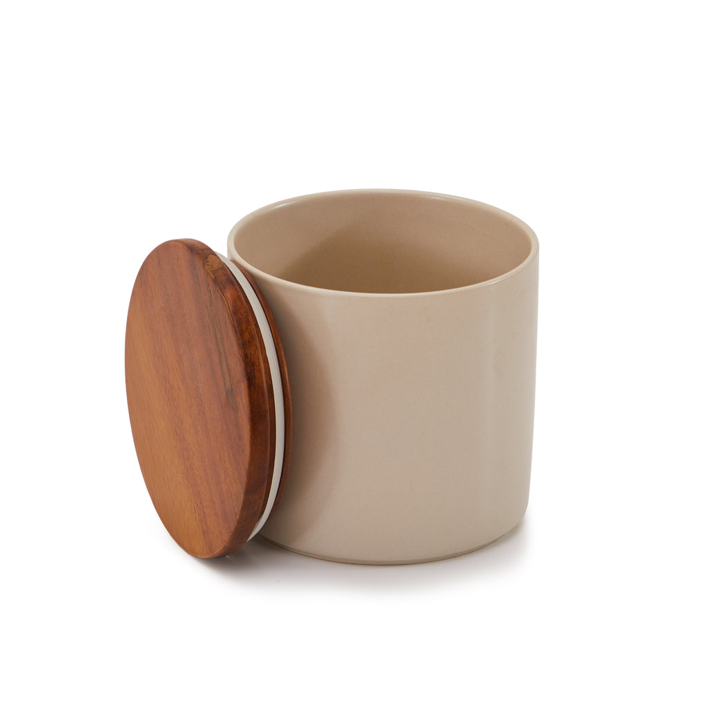 White Ceramic Jar with Wooden Lid Large