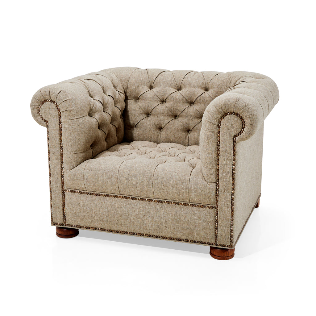 Grey Wheat Fabric Tufted Chesterfield Arm Chair