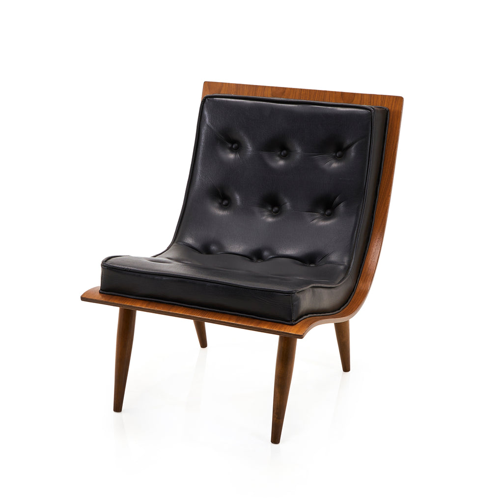 Wood & Black Leather Tufted Mid Century Lounge Chair
