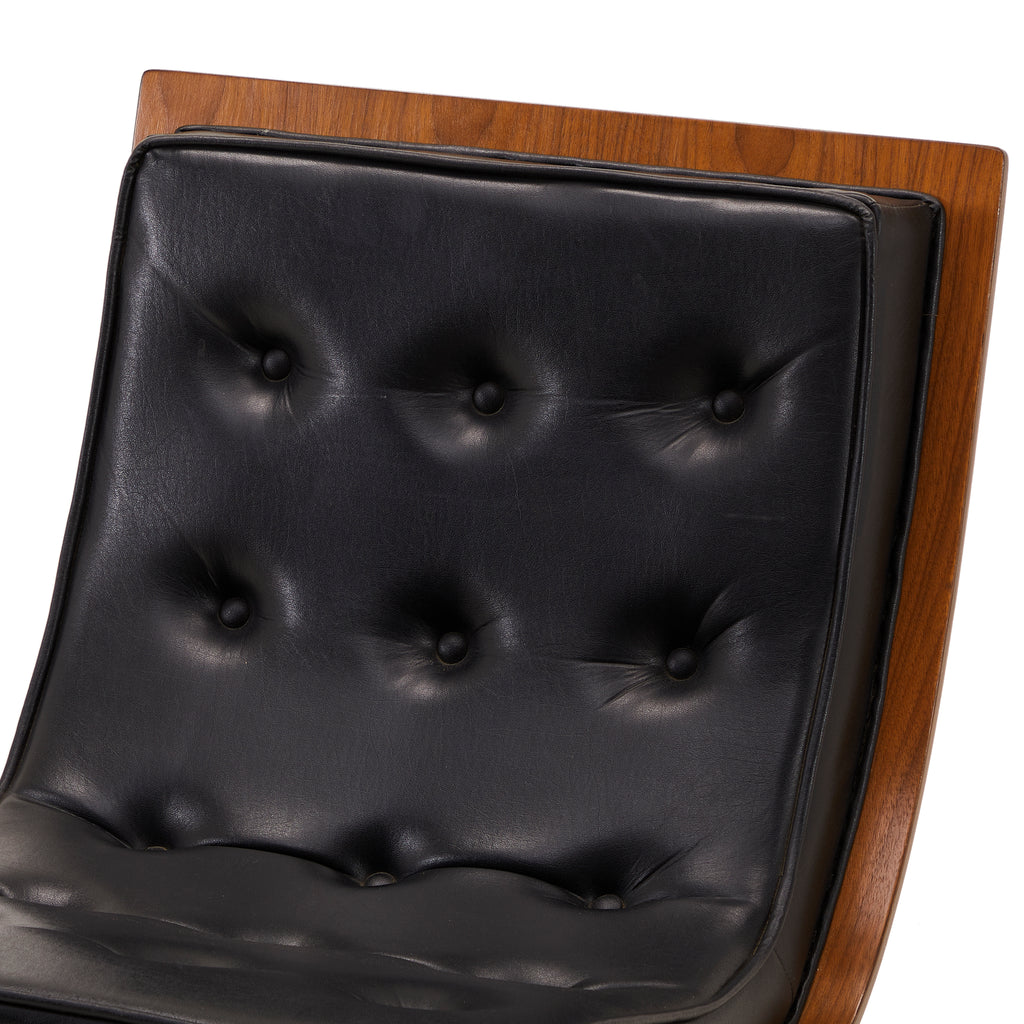 Wood & Black Leather Tufted Mid Century Lounge Chair