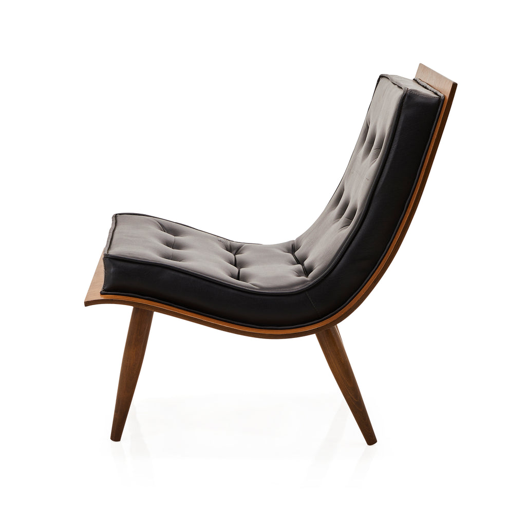 Wood & Black Leather Tufted Mid Century Lounge Chair