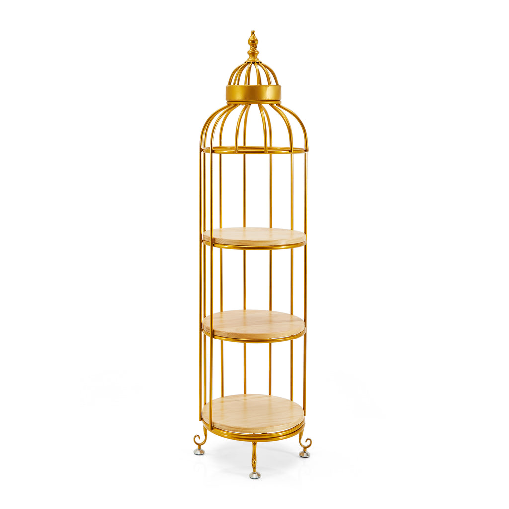 Gold Birdcage Display Unit with Wood Shelves