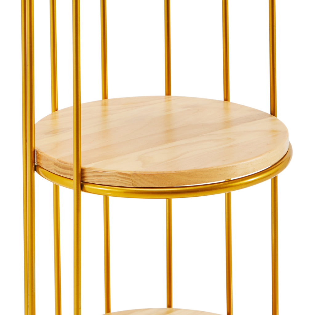 Gold Birdcage Display Unit with Wood Shelves