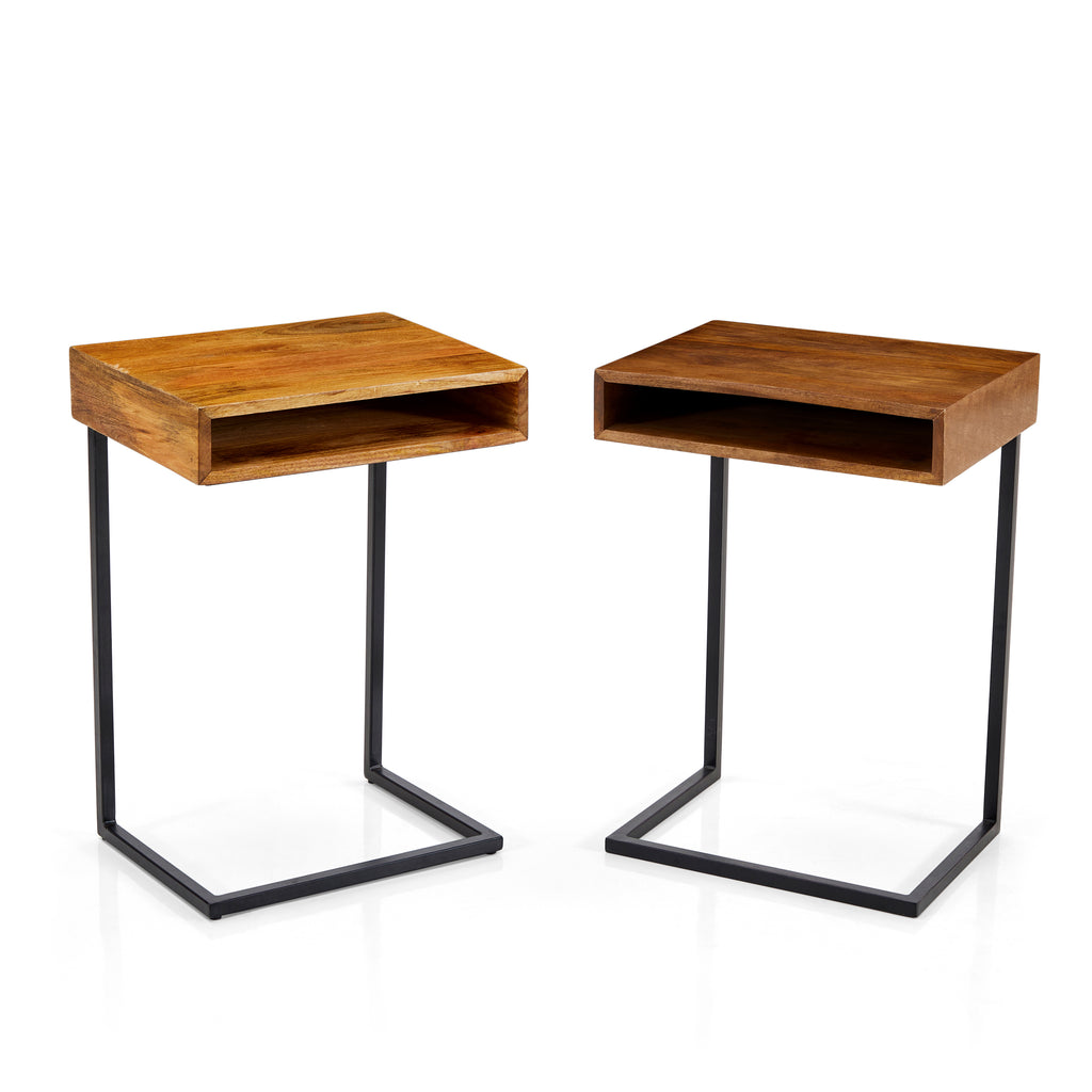 Wood & Black Metal Contemporary Side Table Dark