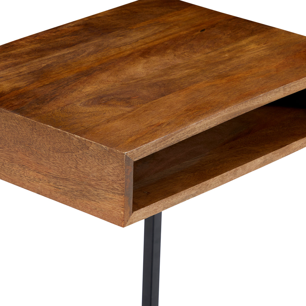 Wood & Black Metal Contemporary Side Table Dark