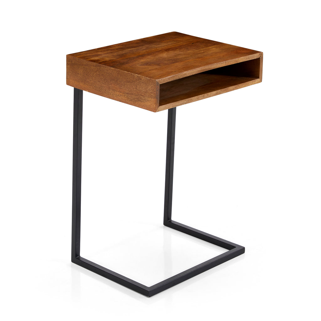 Wood & Black Metal Contemporary Side Table Dark