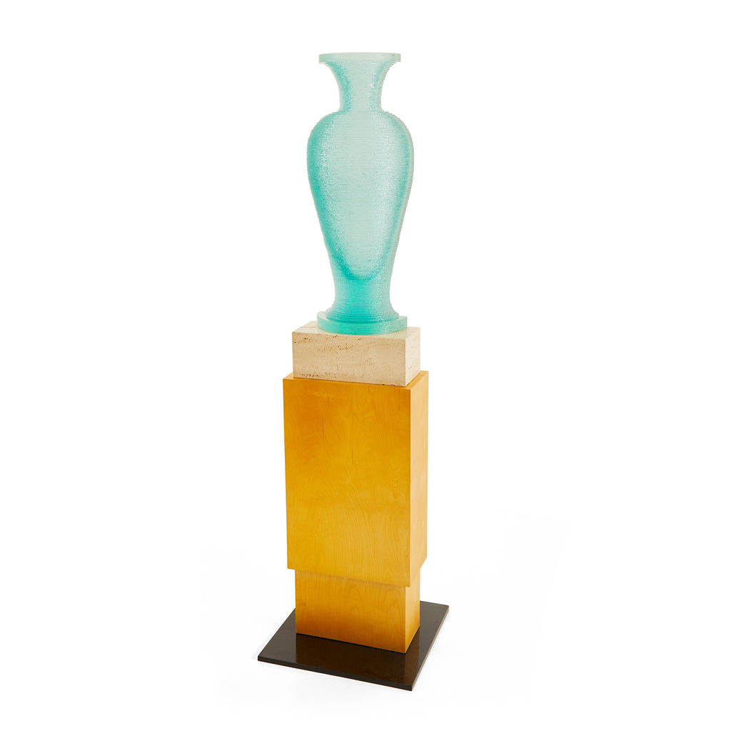 Wood & Stone Deco Pedestal with Blue Glass Vase Sculpture