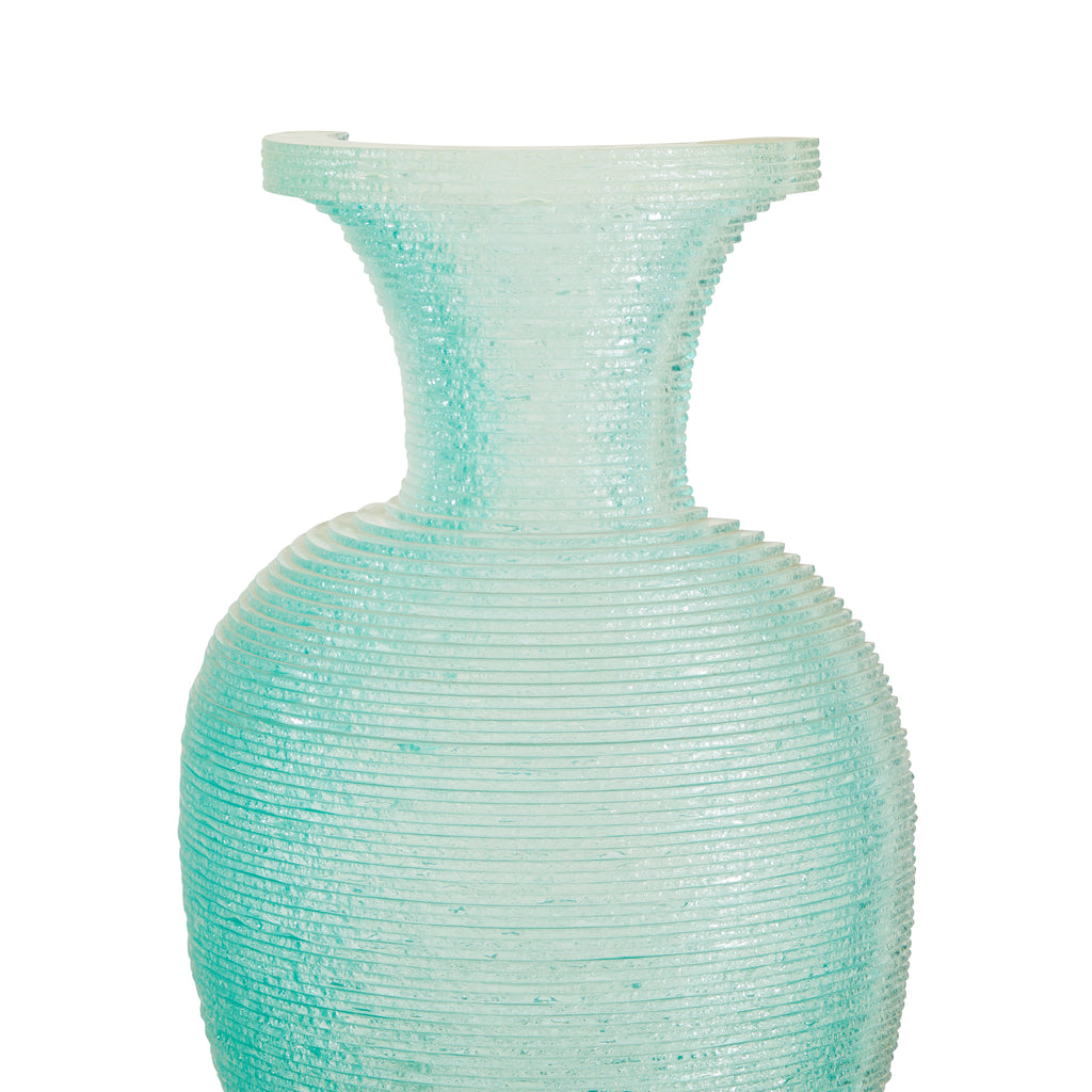 Wood & Stone Deco Pedestal with Blue Glass Vase Sculpture