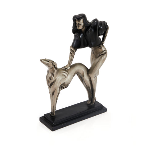Black & Silver Woman Petting Dog Table Sculpture