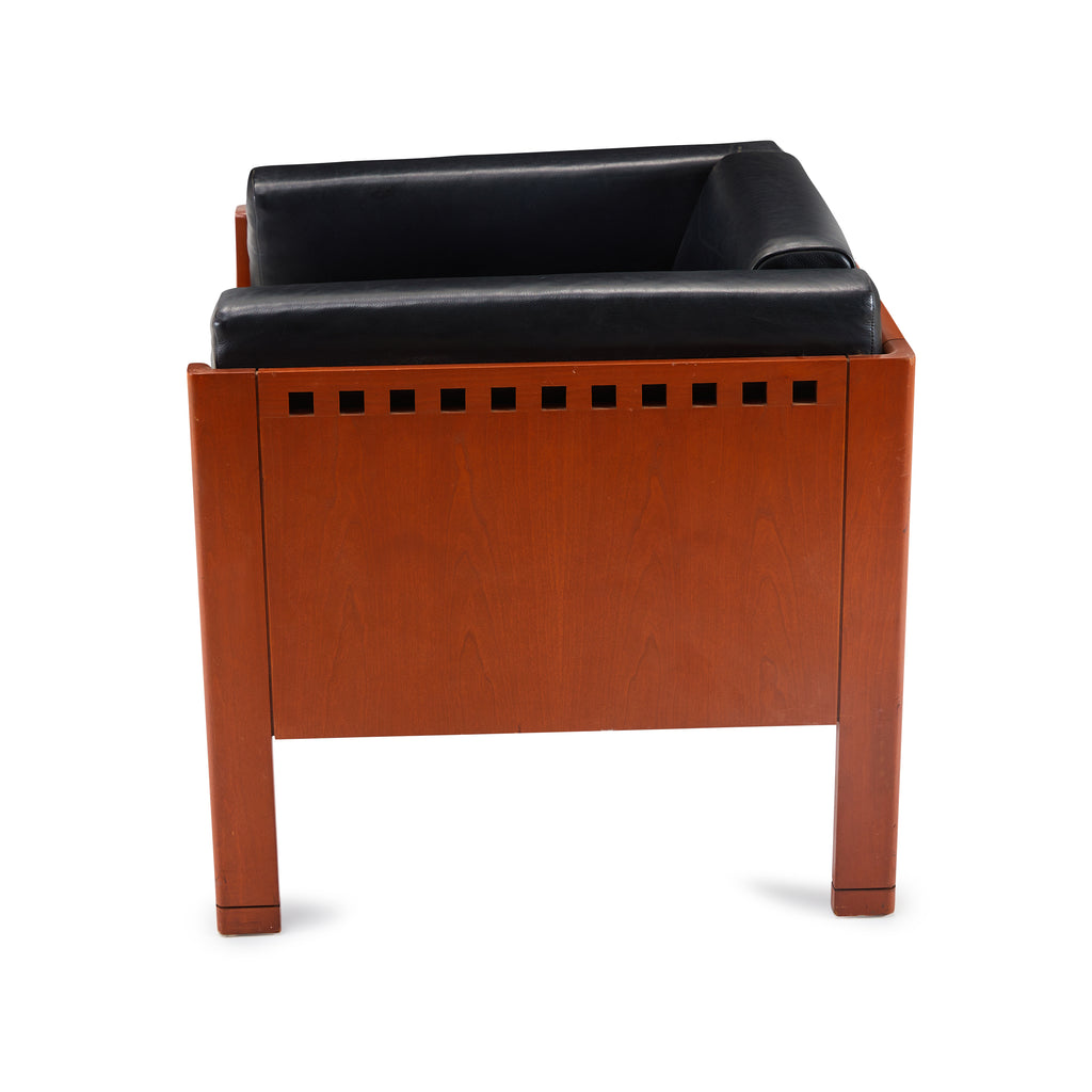 Black Leather & Wood Square Modern Arm Chair