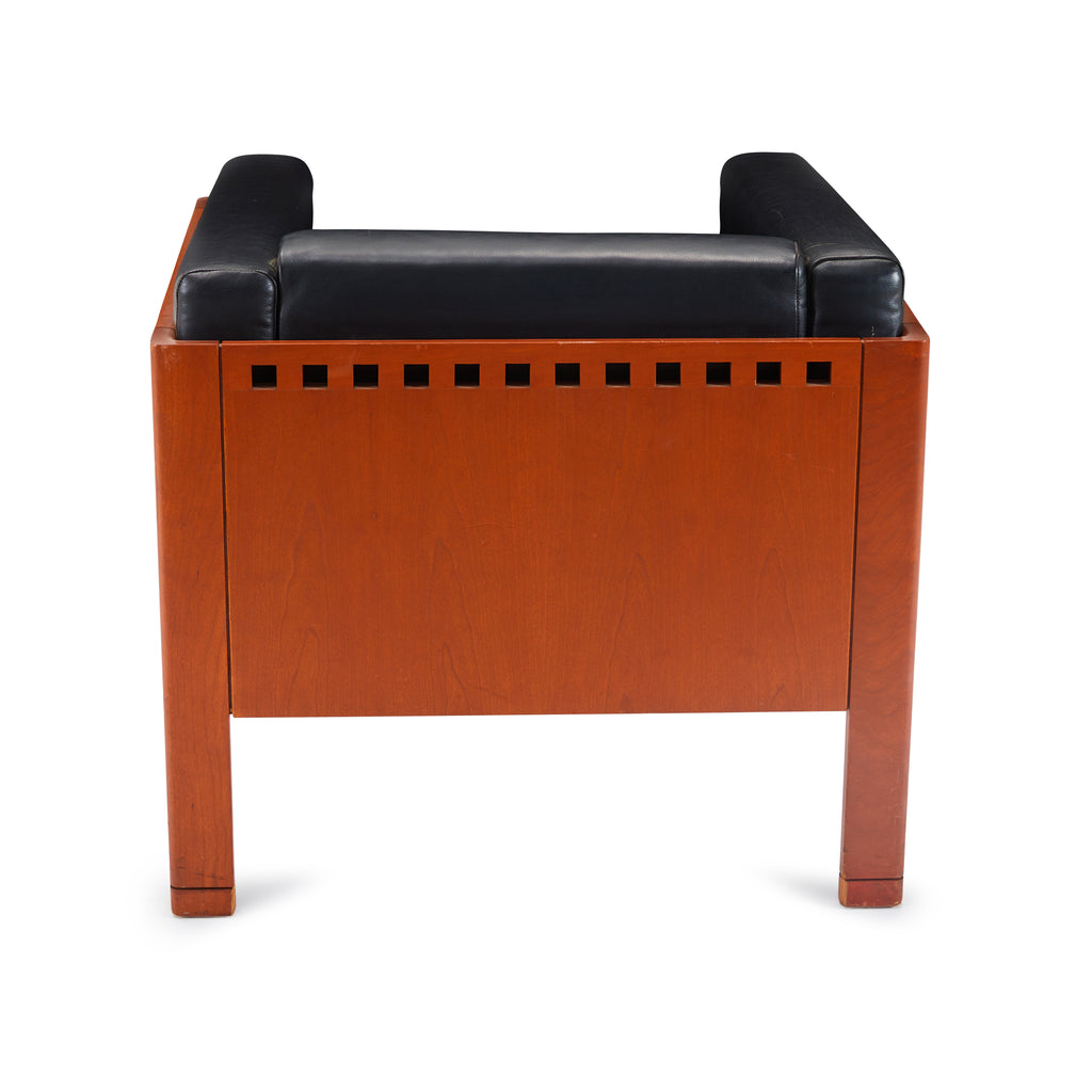 Black Leather & Wood Square Modern Arm Chair