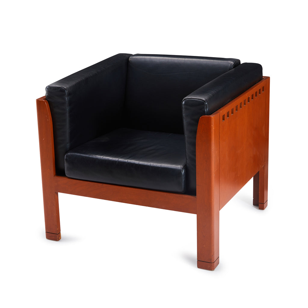 Black Leather & Wood Square Modern Arm Chair