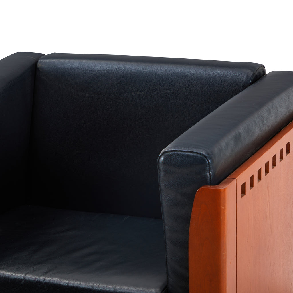 Black Leather & Wood Square Modern Arm Chair