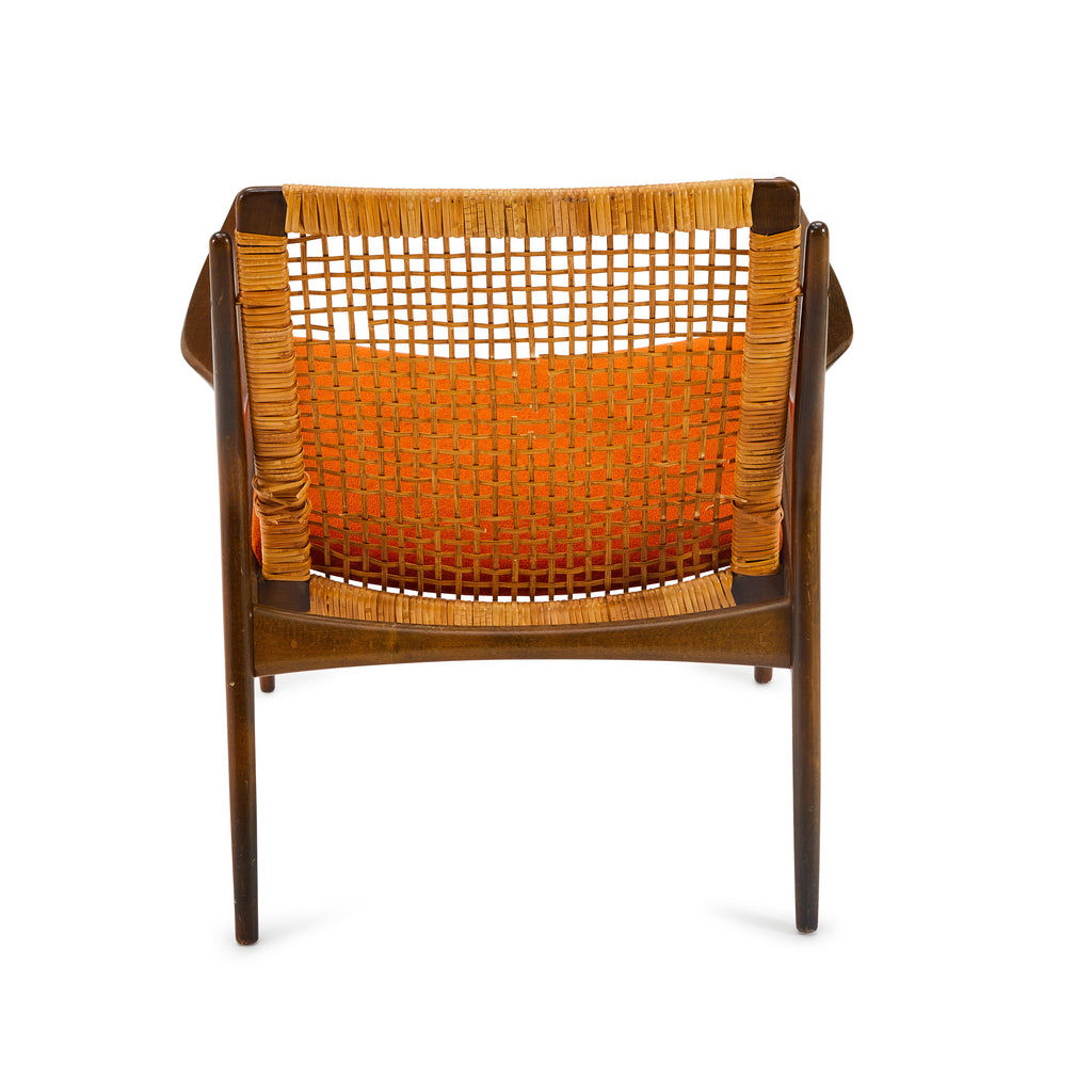 Orange & Wood Wicker-Back Mid Century Lounge Chair