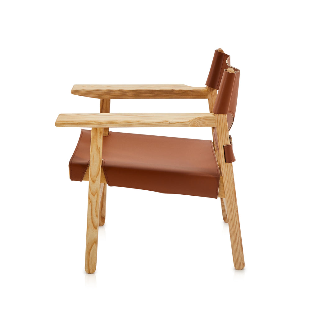 Wood & Brown Leather Contemporary Sling Arm Chair