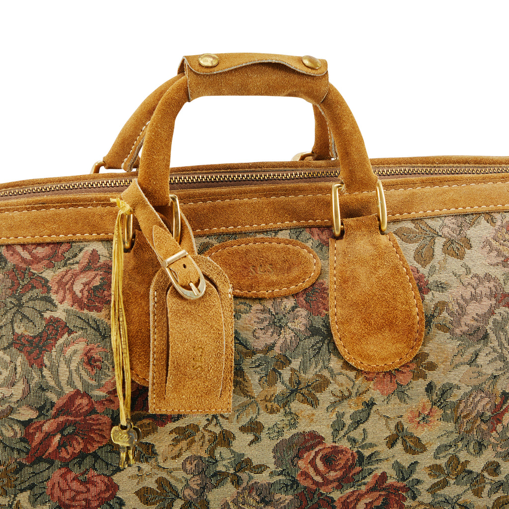 Tan Suede & Floral Vintage Hand Suitcase