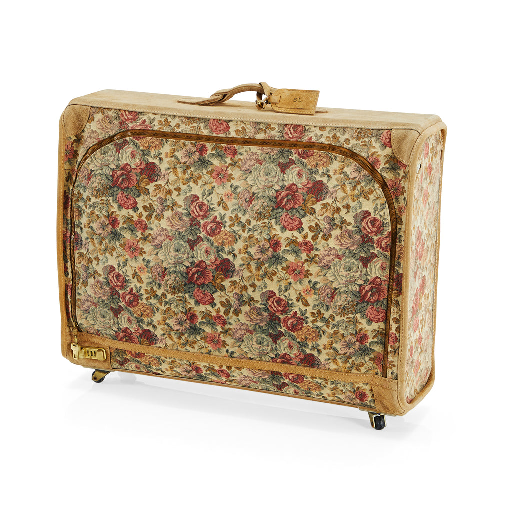 Tan Suede & Floral Vintage Rolling Suitcase Large