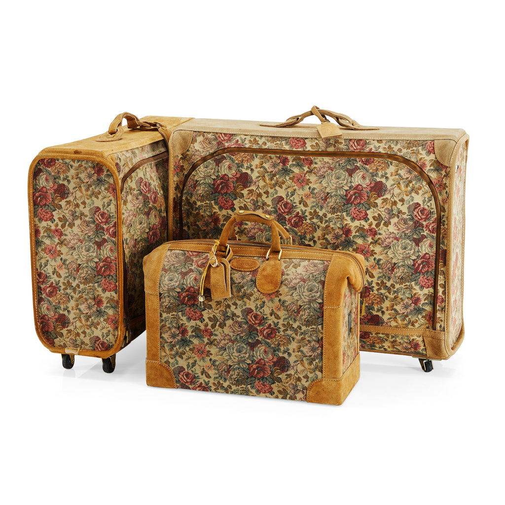 Tan Suede & Floral Vintage Hand Suitcase