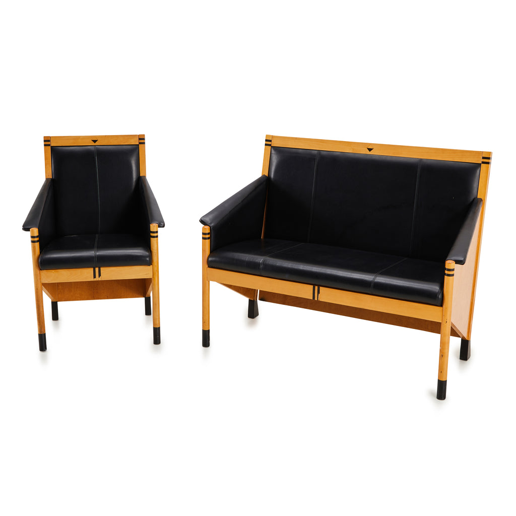 Black Leather & Wood Modern Angular Arm Chair