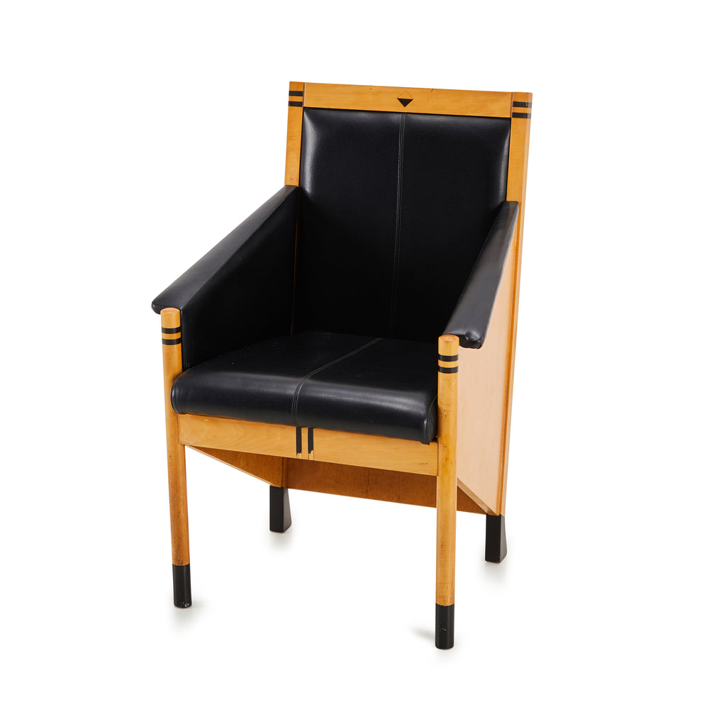 Black Leather & Wood Modern Angular Arm Chair