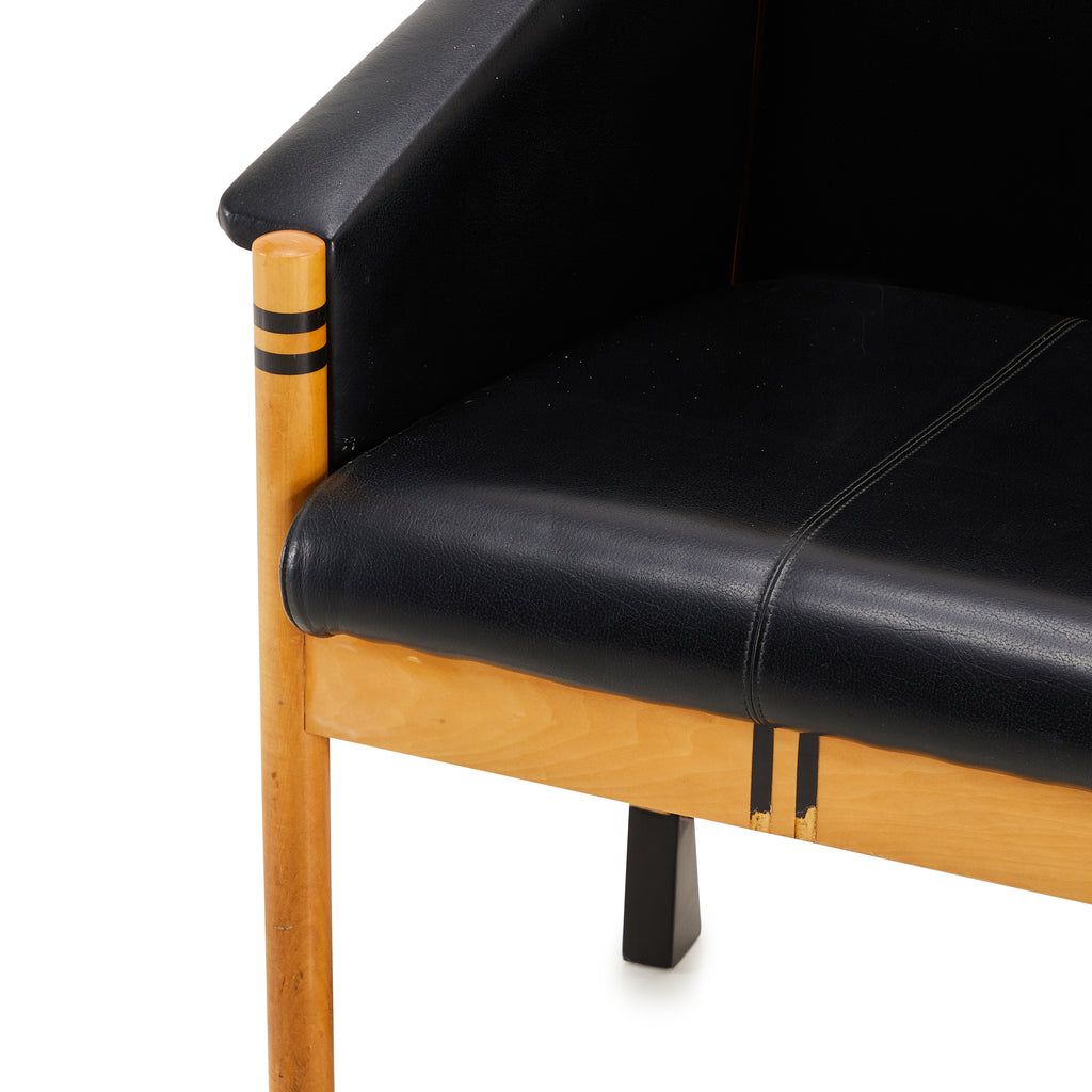 Black Leather & Wood Modern Angular Arm Chair