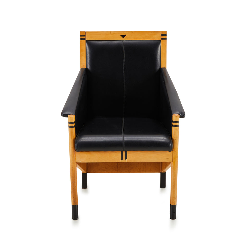 Black Leather & Wood Modern Angular Arm Chair