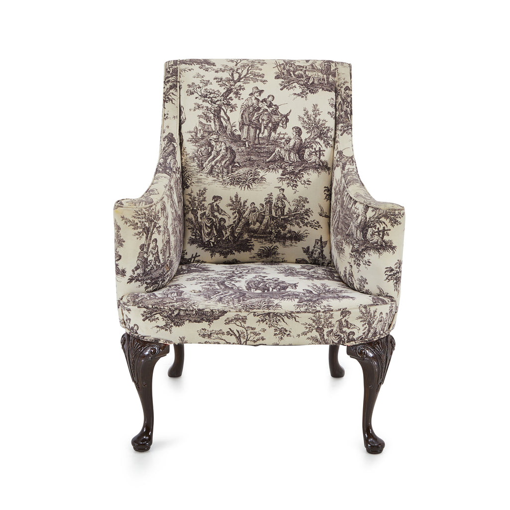 White & Black Vintage Pastoral Print Arm Chair