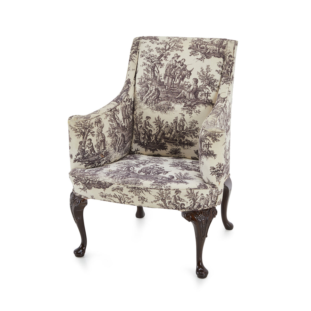 White & Black Vintage Pastoral Print Arm Chair