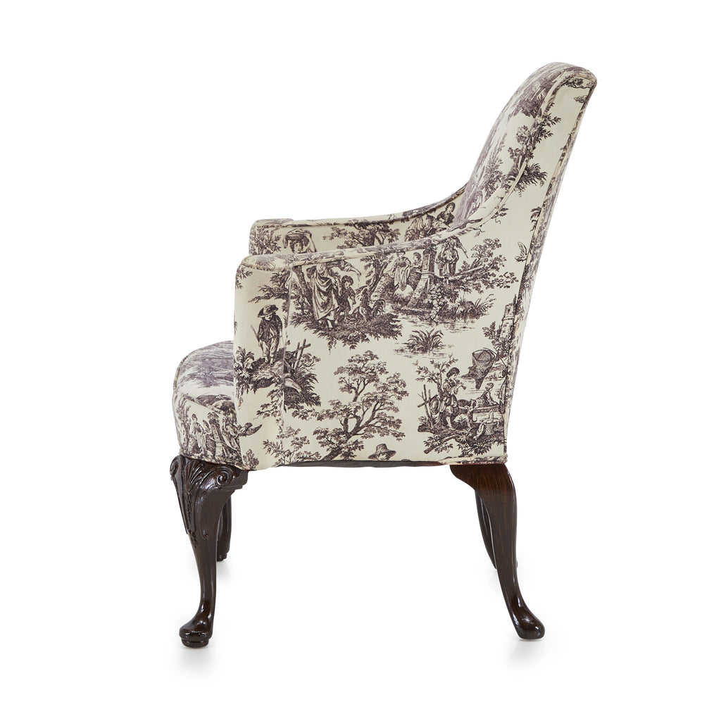 White & Black Vintage Pastoral Print Arm Chair