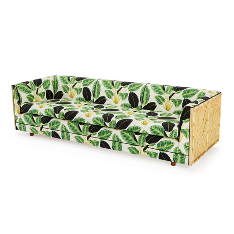 Green & Black Leaf-Print Cane Frame Couch