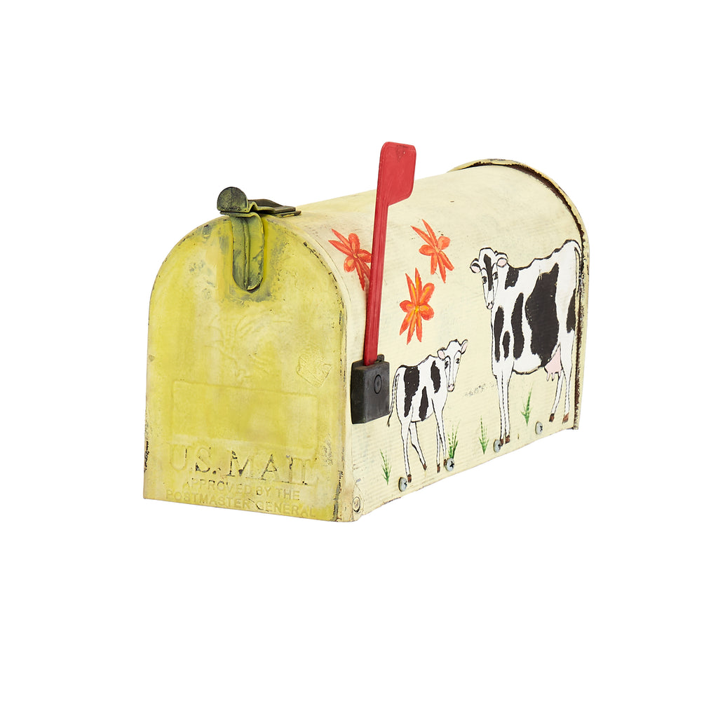 Yellow Painted Mailbox With Cow Art