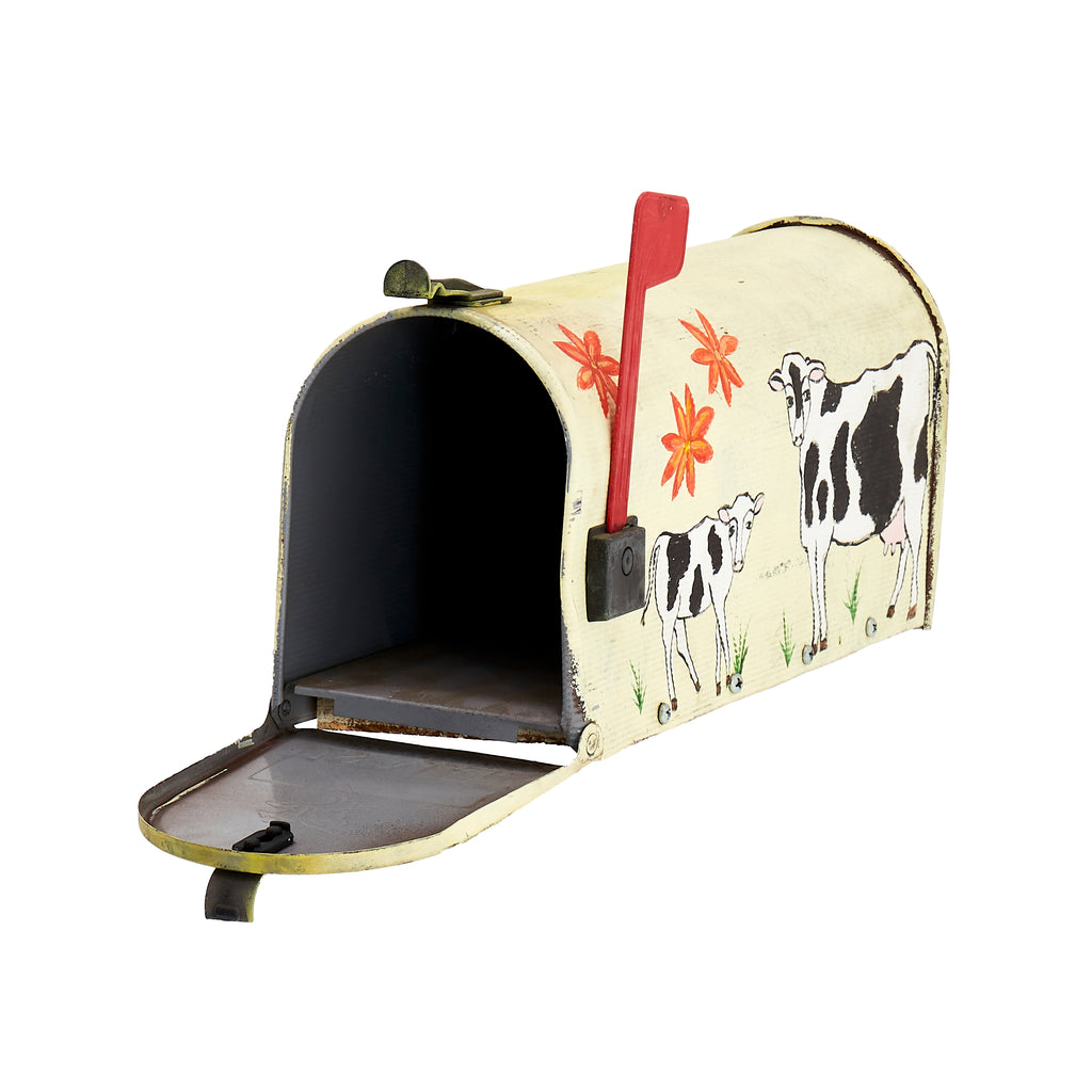 Yellow Painted Mailbox With Cow Art