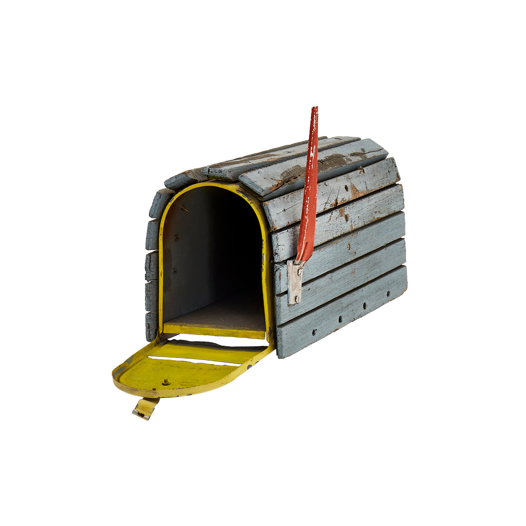 Blue and Yellow Wood and Metal Mailbox